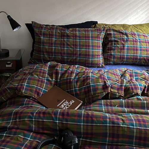 Vintage Multicolor Plaid Duvet Cover Twin XL, 3 Piece Retro Buffalo Plaid Checkered Comforter Cover, 100% Washed Cotton Soft Breathable Duvet Cover with 2 Pillowcases Farmhouse Grid Bedding Set