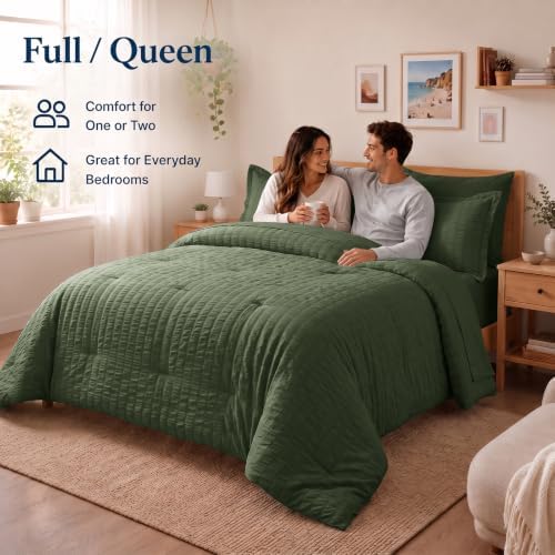 CozyLux Queen Comforter Set, 7 Pieces Olive Green Seersucker Bed in a Bag