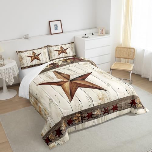 Manfei West Texas Star Comforter Set Queen Size, Rustic Farmhouse Quilt Set with 2 Pillowcases, Grey Wooden Plank Bedding Set 3pcs for Kids Boys Teens Room Decor, Lightweight Duvet Insert