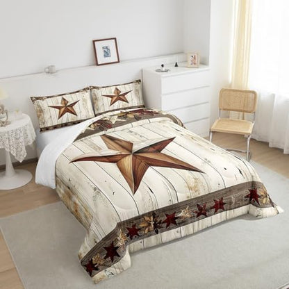 Manfei West Texas Star Comforter Set Queen Size, Rustic Farmhouse Quilt Set with 2 Pillowcases, Grey Wooden Plank Bedding Set 3pcs for Kids Boys Teens Room Decor, Lightweight Duvet Insert