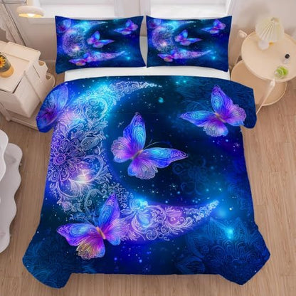 Blue Butterfly Comforter Set King, Moon Mandala Bedding for Girls