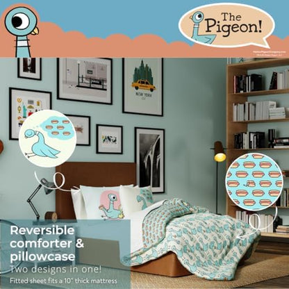 The Pigeon Finds A Hot Dog Full Bedding Set – 7 Piece Super Soft Microfiber Reversible Comforter, Sheet Set & Sham - Book by Mo Willems (Officially Licensed Product) by Franco