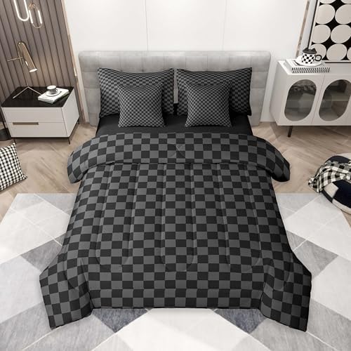 jejeloiu Black Grey Plaid Comforter Set with Sheets 7 Piece Twin Size