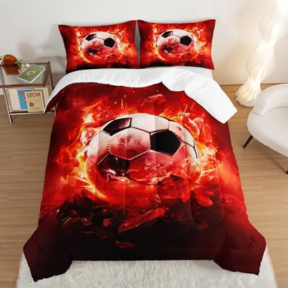 Red Soccer Bedding Comforter Set Queen Size with 2 Pillowcases.