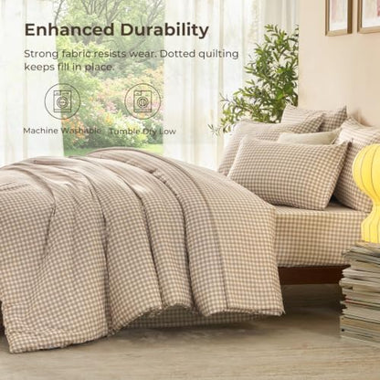 Litanika King Size Comforter Set 7 Pieces Earthy Tan Gingham