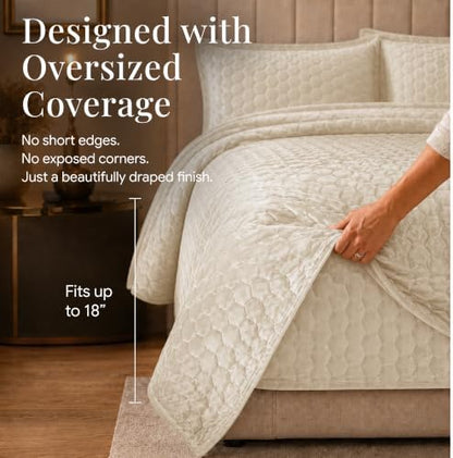 Tribeca Living Lugano Oversized Velvet Quilt Set - All Season, Extra Large, 3 Piece Queen Size Comforter Set with 2 Pillow Shams in Ivory Honeycomb Pattern 260GSM