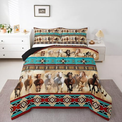 Erosebridal Aztec Horse Comforter Set for Girls, Western Farm Animal Horse Bedding Set King Size, Rustic Farmhouse Exotic Bedroom Decor, Boho Southwestern Horses Quilt Bed Set for Kids Women Men