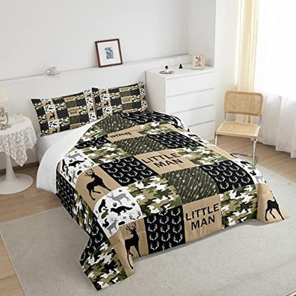 Manfei Deer Antlers Animals Silhouette Comforter Set Full,Camo Geometric Checks Bedding Set 3pcs for Kids Adults Room Decor,Nordic Boho Arrow Quilt Set,Vintage Green Duvet Insert with 2 Pillowcases