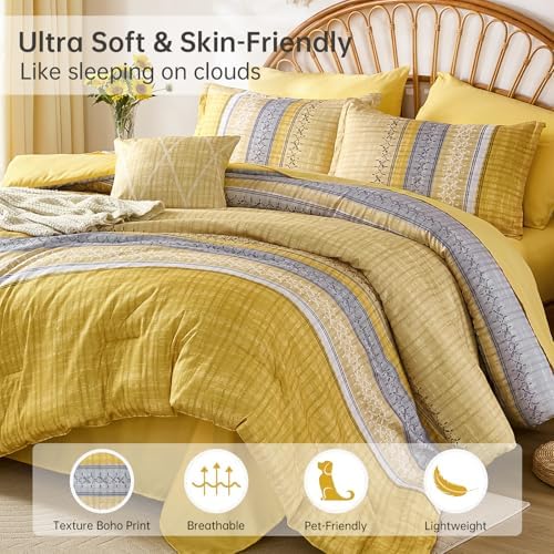 Boho King Comforter Size Set, 8 Pieces Yellow Striped Texture Bed in a Bag Bedding Sets, Lightweight Soft Bohemian Comforter and Sheet Set, All Season Microfiber Teen Boys Bedding Sets for Men Women