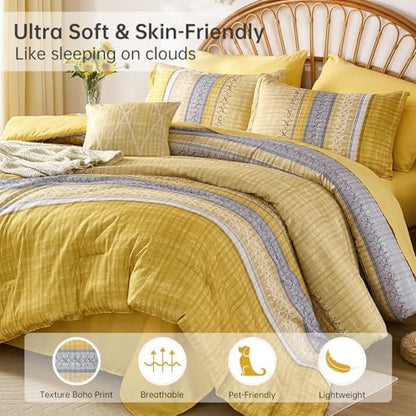 Boho King Comforter Size Set, 8 Pieces Yellow Striped Texture Bed in a Bag Bedding Sets, Lightweight Soft Bohemian Comforter and Sheet Set, All Season Microfiber Teen Boys Bedding Sets for Men Women