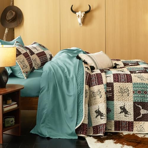 Wake In Cloud - Western Quilt Set, Southwestern Aztec Country Horse Cowboy Rustic Ranch Pattern Printed, Reversible Lightweight Bedspread Coverlet, 3 Pieces, Turquoise Taupe, Queen/Full Size