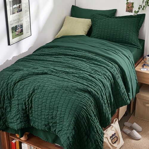 HYMOKEGE Emerald Green Twin XL Comforter Set Seersucker 5 Pieces, All Season Luxury Bed in a Bag for Bedroom, Bedding Set with Comforter, Sheets, Pillowcase & Sham