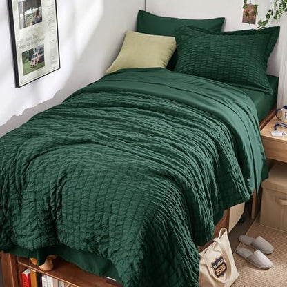HYMOKEGE Emerald Green Twin Comforter Set Seersucker 5 Pieces, All Season Luxury Bed in a Bag for Bedroom, Bedding Set with Comforter, Sheets, Pillowcase & Sham