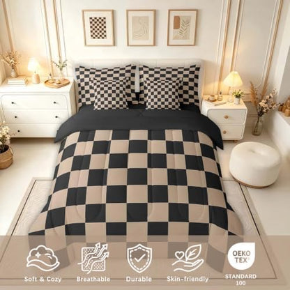 Checkered Retro Comforter Set With Sheets 7 Piece Queen Size Brown Plaid Bed in a Bag Kids Boys Girls Geometric Vintage Bedding Set Modern Simple Groovy Aesthetic Bedroom Decor Breathable Soft