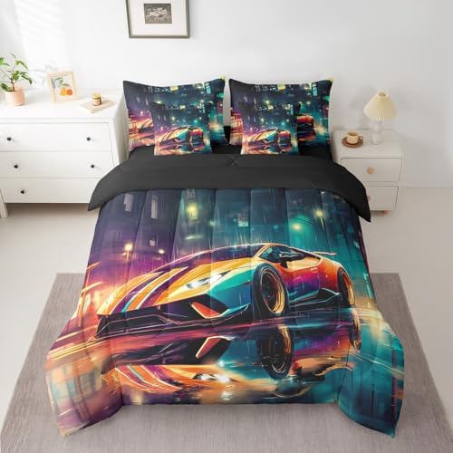 Racing Sports Car 7 Pieces Bedding Set Queen Size,Cool Speed Car Bed in a Bag,Extreme Sport Games Bed Set Includes Comforter,Sheet Set,Pillowcases & Pillow Covers,City Night Scene Bedroom Decor