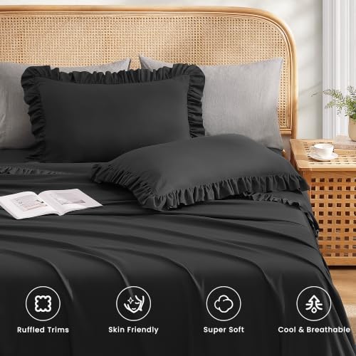 ROSE&RISY Queen Ruffle Sheet Set 4 Piece - Black Soft Lightweight Microfiber Bedding with Deep Pocket, Breathable Ruffled Flat Sheet & Pillowcases (Black, King Size)