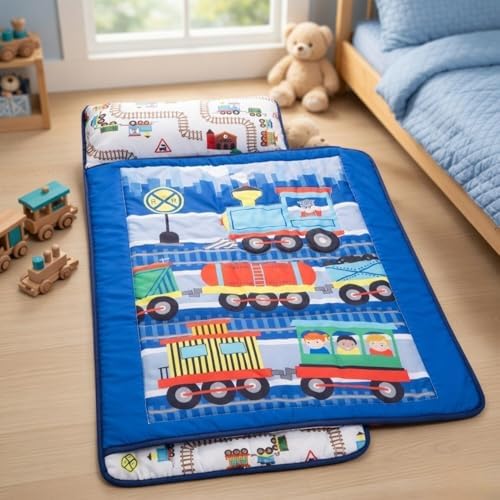 EVERYDAY KIDS Toddler Nap Mat with Removable Pillow -Choo Choo Train- Carry Handle with Fastening Straps Closure, Rollup Design, Soft Microfiber for Preschool, Daycare, Sleeping Bag - Ages 2-6 Years