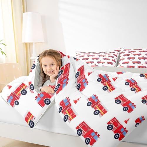 Erosebridal Cartoon Fire Truck Bedding Set King, Red Firemen Car Comforter Set, Fire Engine Comforter for Kids Men Teens Boys Room Decor, White Quilt with 2 Pillowcases, 3 Pcs, Microfiber