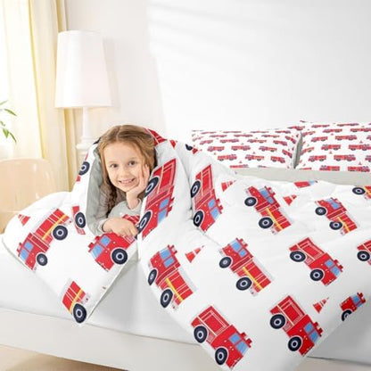 Erosebridal Cartoon Fire Truck Bedding Set King, Red Firemen Car Comforter Set, Fire Engine Comforter for Kids Men Teens Boys Room Decor, White Quilt with 2 Pillowcases, 3 Pcs, Microfiber