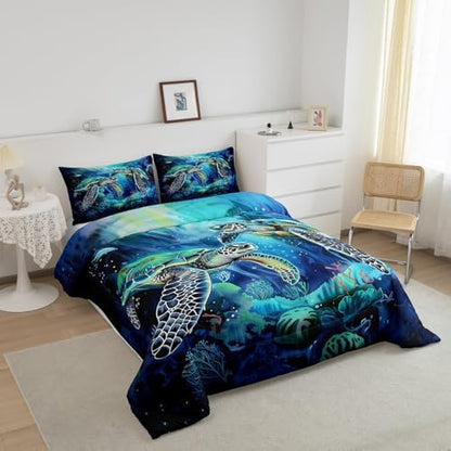 Homewish Sea Turtle Comforter Set King Size,Cute Sea Animal Bedding Sets for Kids Gilrs Boys Teens Adult Room Decor,Colorful Coral Pattern Down Comforter Blue Green Reversible Quilt Set,2 Pillowcases
