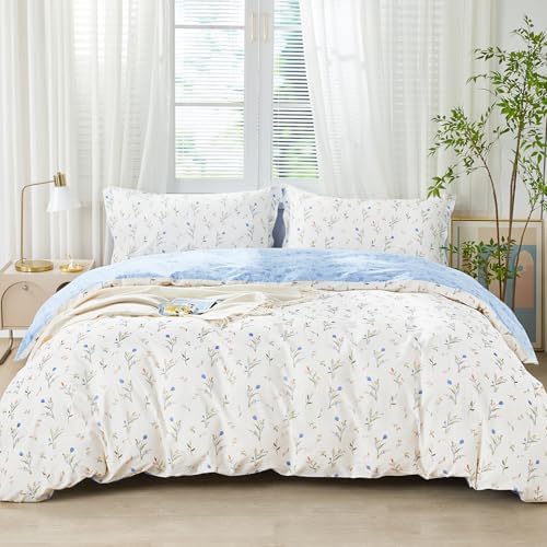 SAPHREAS 2pcs Twin Size Botanical White Duvet Cover Set Blue Floral Bedding Comforter Cover Set 100% Cotton 1 Duvet Cover 68"x90" 1 Pillow Sham, Comforter Not Included