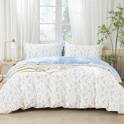 SAPHREAS 2pcs Twin Size Botanical White Duvet Cover Set Blue Floral Bedding Comforter Cover Set 100% Cotton 1 Duvet Cover 68"x90" 1 Pillow Sham, Comforter Not Included