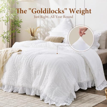 JOLLYVOGUE Bright White Full Comforter Set,3pcs Seersucker Comforters Full