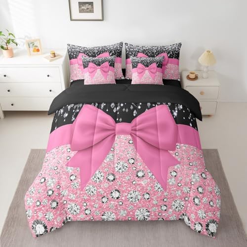 Pink Bowknot Bed in a Bag King Size Comforter Set 7 Pieces,Cute Bow Knot Bedding Set,Kawaii Silk Ribbon Sheet Set Glitter Sequin Print Diamond Bed Set,Dreamy Princess Style Pink Home Decor