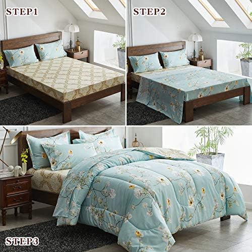 Joyreap 7 Piece Bed in a Bag King, Aqua Floral Elegant Design, Smooth Soft Microfiber Comforter Set (1 Comforter, 2 Pillow Shams, 1 Flat Sheet, 1 Fitted Sheet, 2 Pillowcases)