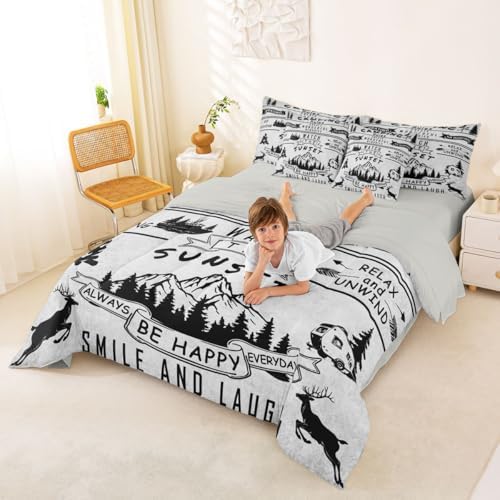 Erosebridal Happy Camping 7 Piece Bed in A Bag Twin Comforter Set Camping Rules Bedding Set for Boys Girls Kids Fishing and Hunting Thme Sheet Set with Comforter Deer Wildlife Woodland Camper Quilt