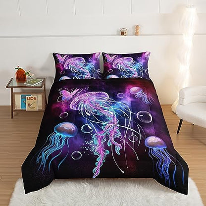 HOSIMA Jellyfish Printed Twin Comforter Ocean Theme Bedding Set 3 Piece,Universe Starry Sky Comforter Twin Bed in a Bag Galaxy Bedding Room Decor Butterfly Comforter for Kids Teens Adult.