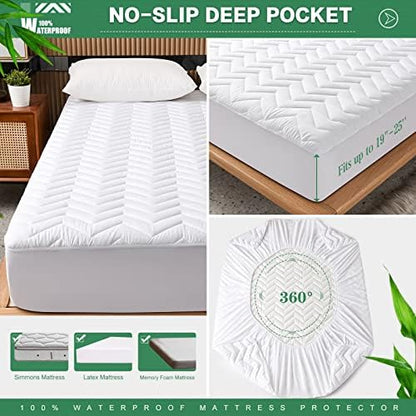 Unilibra Queen Size Waterproof Mattress Pad Rayon Made from Bamboo, Quilted Breathable Mattress Protector, 6''-25'' Deep Pocket Fitted Mattress Cover White