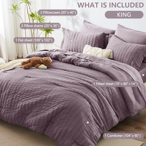 HIMEET King Comforter Set, 7-Piece Seersucker Bed in a Bag, Dusty Purple