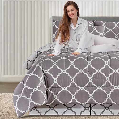 LUX Décor Reversible 5pc Queen Comforter Set, Printed Bedding Set, All-in-One Bed in a Bag, Includes 1 Comforter, 2 Pillow Shams, 1 Decorative Pillow & 1 Bed Skirt (Quatrefoil Grey,Queen)
