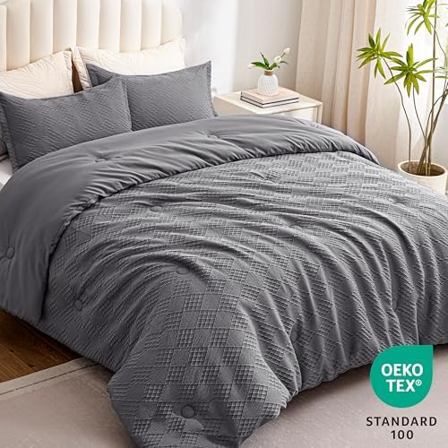 EXQ Home Waffle Comforter Queen Size - Super Soft Embossed Design Comforter Set 3 Pieces, Grey 3D Diamond Pattern Bedding Set,Winter Warm Bed Set,1 Comforter with 2 Pillowcases