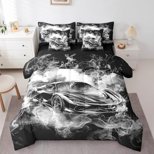 Feelyou Speed Sports Car Comforter Set with Sheets Full Size Kids Smoky Race Car 7 Pieces Bedding Set for Boys Girls Teens Racing Car Bed in a Bag Breathable Extreme Sports Bed Set Black White