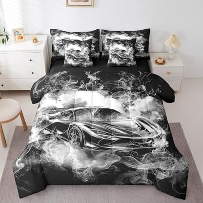 Feelyou Speed Sports Car Comforter Set with Sheets King Size Kids Smoky Race Car 7 Pieces Bedding Set for Boys Girls Teens Racing Car Bed in a Bag Breathable Extreme Sports Bed Set Black White
