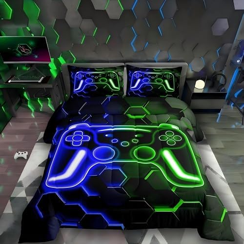 Erosebridal Gamer Comforter Set Neon Honeycomb Gaming Girl Toddler Bedding Set, Video Game Console Comforter Blue Green Hexagon Lights Quilt,Kids Room Decor