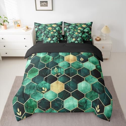 Erosebridal Honeycomb Bedding Set for Kids Teens,Gradient Mable Texture Comforter Set Twin Size,Geometric Hexagon (Comforter+Fitted+Flat Sheet+2 Pillowcases+2 Throw Pillow Covers) 7 Pieces Bed Set