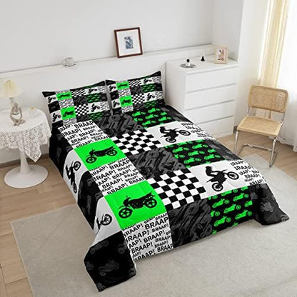 Motorcross Rider Boys Comforter Set Racing Dirt Bike Bedding Set King Size Neon Green Black Grey Patchwork Grid Quilt Set for Kids Men Teens Bedroom Decor Fashion Gaming Duvet Insert 3pcs