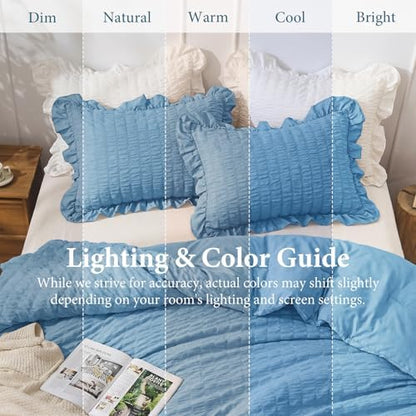 JOLLYVOGUE Twin Size Comforter Set, 2 Pieces Sea Blue Seersucker Lightweight Fluffy Bedding Set, Twin Ruffle Comforter, All Season Soft Microfiber Shabby Chic Bed Set