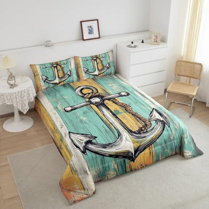 Erosebridal Anchor Comforter Set Twin Size for Boys, Ocean Navigation Theme Duvet Insert for Kids Teens Bedroom Gift, Vintage Brown Wooden Board Decor Bedding Set Marine Life Decorative Soft Quilt