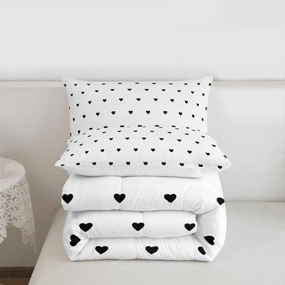 Erosebridal White Black Comforter Set Cute Heart Pattern Bedding Set Girly Cartoon Love Geometric Down Comforter Twin Size Cute Quilt Set for Kids Girls Boys Teens Bedroom Decor Soft Duvet Set