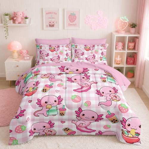HOSIMA 7Pcs Cute Axolotl Comforter Set Queen Size for Girls with Sheets.