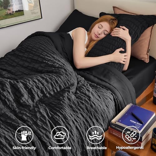 HYMOKEGE Black Twin XL Comforter Set Seersucker 5 Pieces, All Season Luxury Bed in a Bag for Bedroom, Bedding Set with Comforters, Sheets, Pillowcase & Sham