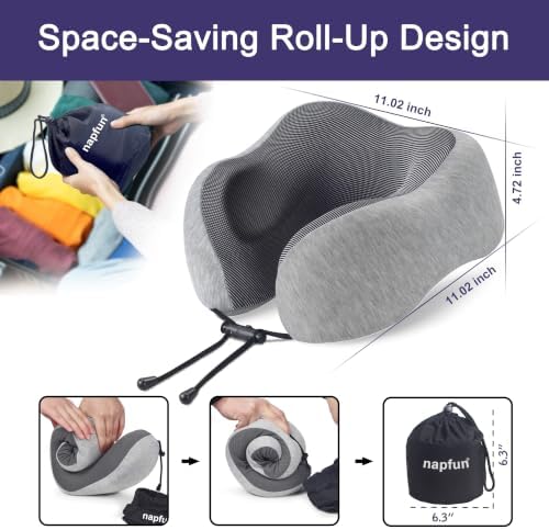 napfun Neck Pillow for Traveling, Upgraded Travel Neck Pillow for Airplane 100% Pure Memory Foam Travel Pillow for Flight Headrest Sleep, Portable Plane Accessories, Light Grey