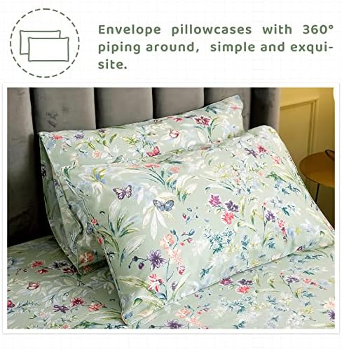 QSH Green Floral Queen Size Sheet Sets - Green Flower Bird Butterfly Print Botanical Bedding Egyptian Cotton Printed Sheets Queen Size Bed Extra Soft and Breathable 17.5" Deep Pockets Bed Sheets 4pcs