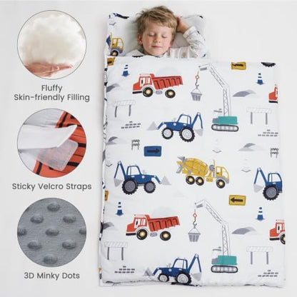 PHF Toddler Nap Mat with Removable Pillow and Minky Blanket, Rollup Design Kids Sleeping Mat, Slumber Bags for Boys, 55"x23" Toddler Sleeping Bag for Daycare Preschool Travel Camping, Truck and Digger
