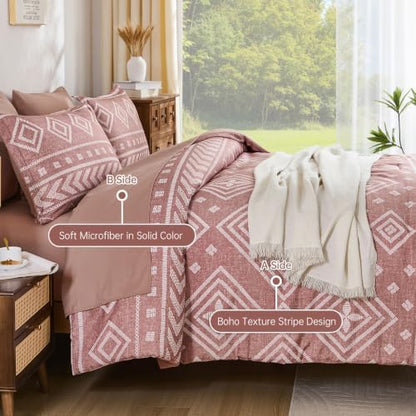 Yiran Boho Comforter Set King Size, 7 Pieces Aztec Blush Bed in a Bag