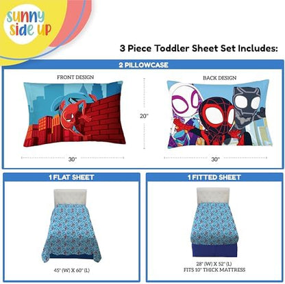 Sunny Side Up Kids Sheet Set Includes Sheets and Pillow Cover - 100% Microfiber Bedding and Room Decor, Blue - Spiderman, 3 Piece Toddler